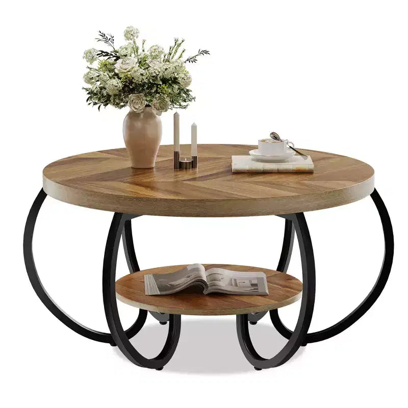 30 Round Coffee Table 2 Tier Coffee Table for Living Room Wood Accent Center Tables with Open Storage Industrial Design Easy Assemble
