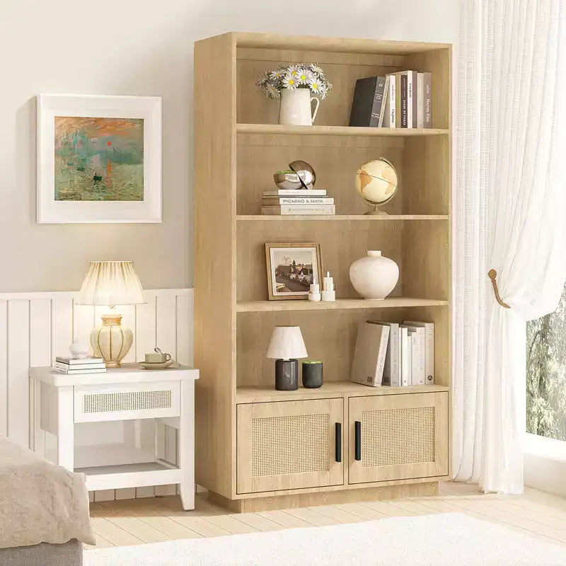 CuisinSmart 5 Tier Rattan Bookshelf with Storage Cabinet & Door Tall Industrial Book Shelf with Open Shelves for Living Room Bedroom