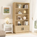 CuisinSmart 5 Tier Rattan Bookshelf with Storage Cabinet & Door Tall Industrial Book Shelf with Open Shelves for Living Room Bedroom