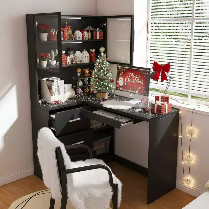 Homy Casa L-Shaped Desk with Glass Door Hutch and Storage Drawers for Small Space Home Office Holiday Gift Black