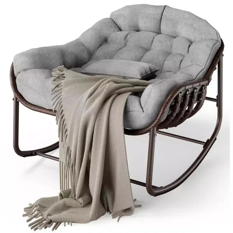Outdoor Papasan Rocking Chair Oversized Wicker Lounge Chair with Cushion and Metal Frame Patio Rattan Egg Rocker for Balcony Backyard Porch Bedroom