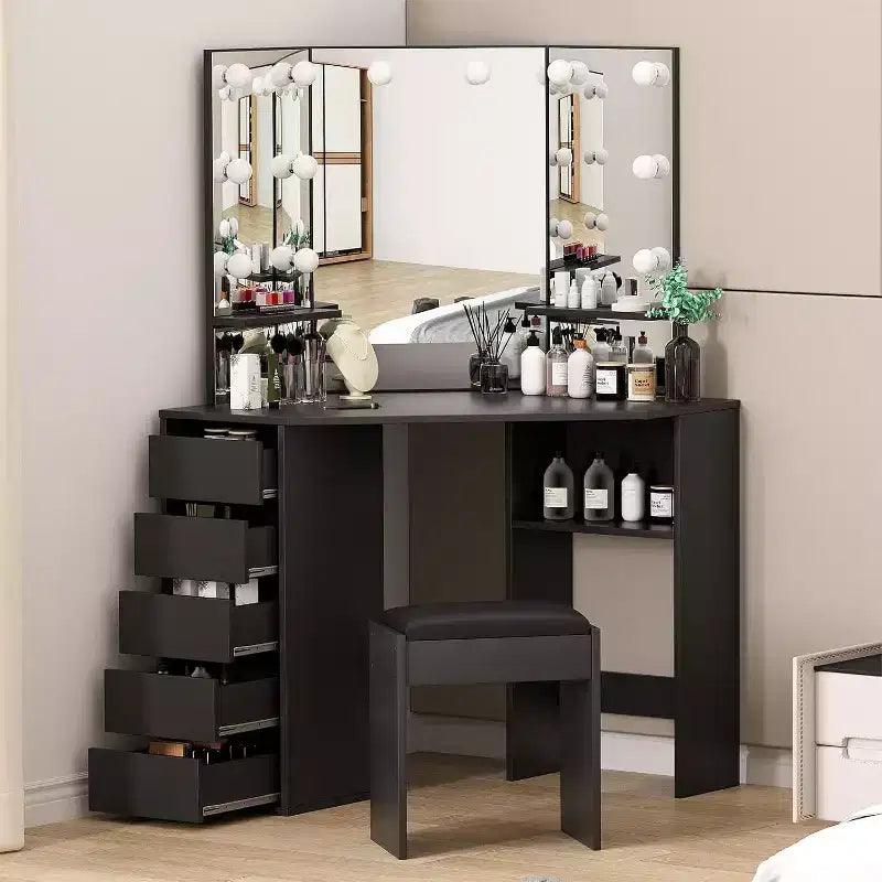 Corner Vanity Desk with Mirror Makeup Table Set Cushioned Stool 5 Drawers and Storage Shelves Bedroom Dressing Table for Women Black