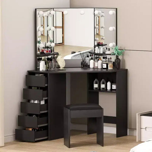 Corner Vanity Desk with Mirror Makeup Table Set Cushioned Stool 5 Drawers and Storage Shelves Bedroom Dressing Table for Women Black