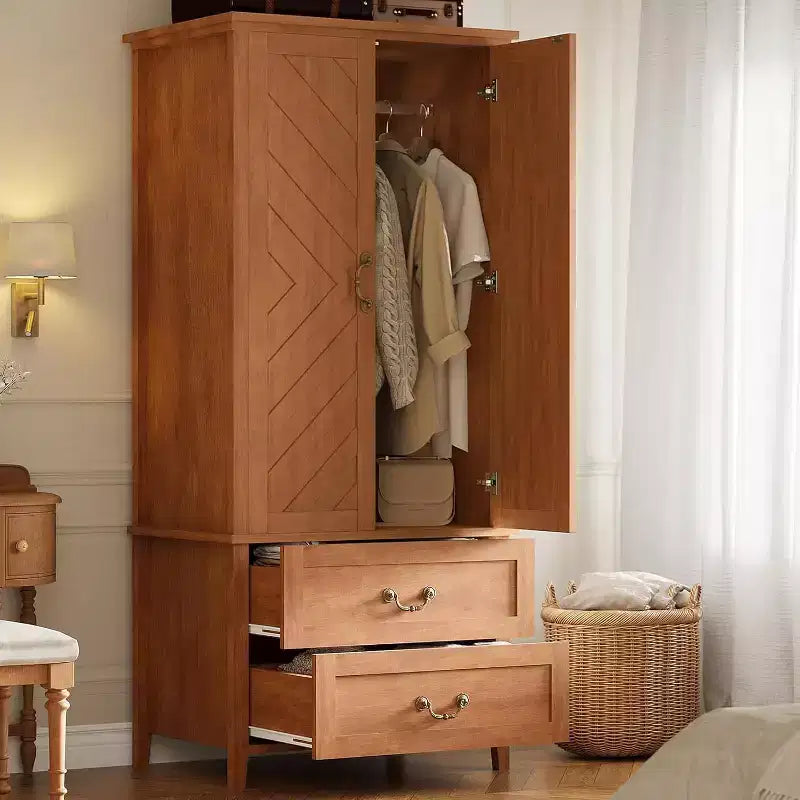 71.06 V Shape Armoire Farmhouse Wooden Tall Bedroom Armoire Closet Cabinet with 2 Doors & Drawers Hanging Rod Freestanding Large Storage Cabinet