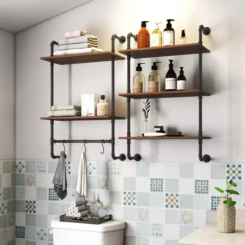 Étagère ouverte double et triple couche de style industriel avec conduits de style campagnard