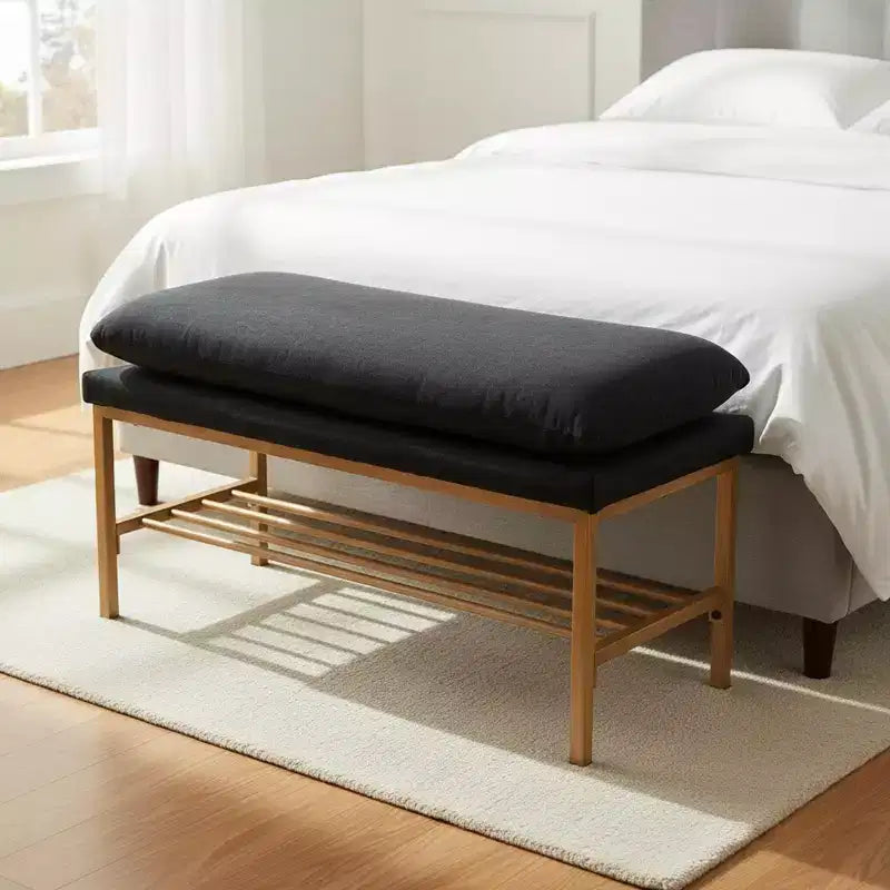 Homy Casa Upholstered Storage Shoe Bench with Metal Frame and Lower Rack for Entryway Black