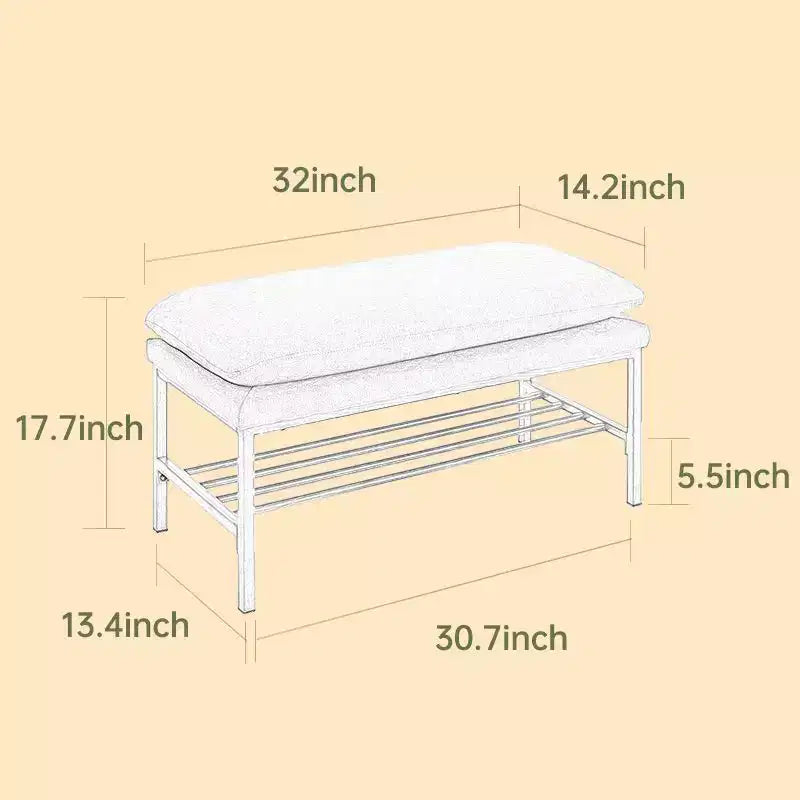 Banc à chaussures rembourré avec cadre en métal et étagère inférieure