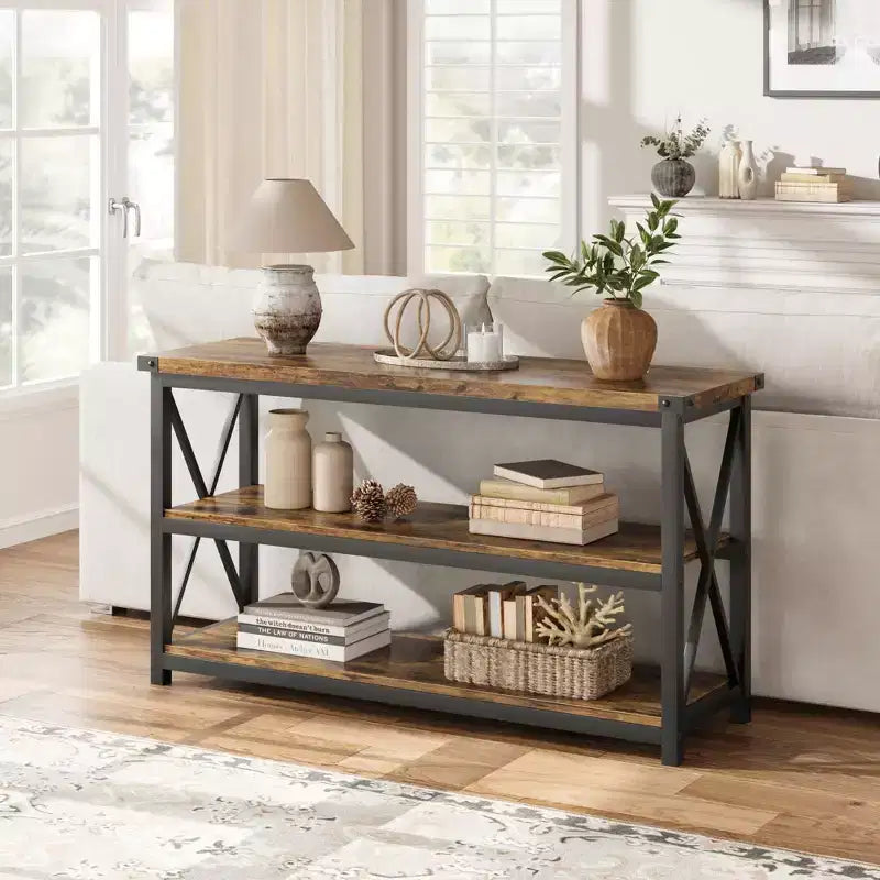 47 Long Console Table with 3-Tier Storage Industrial Rectangular Sofa Table for Entryway Hallway or Living Room
