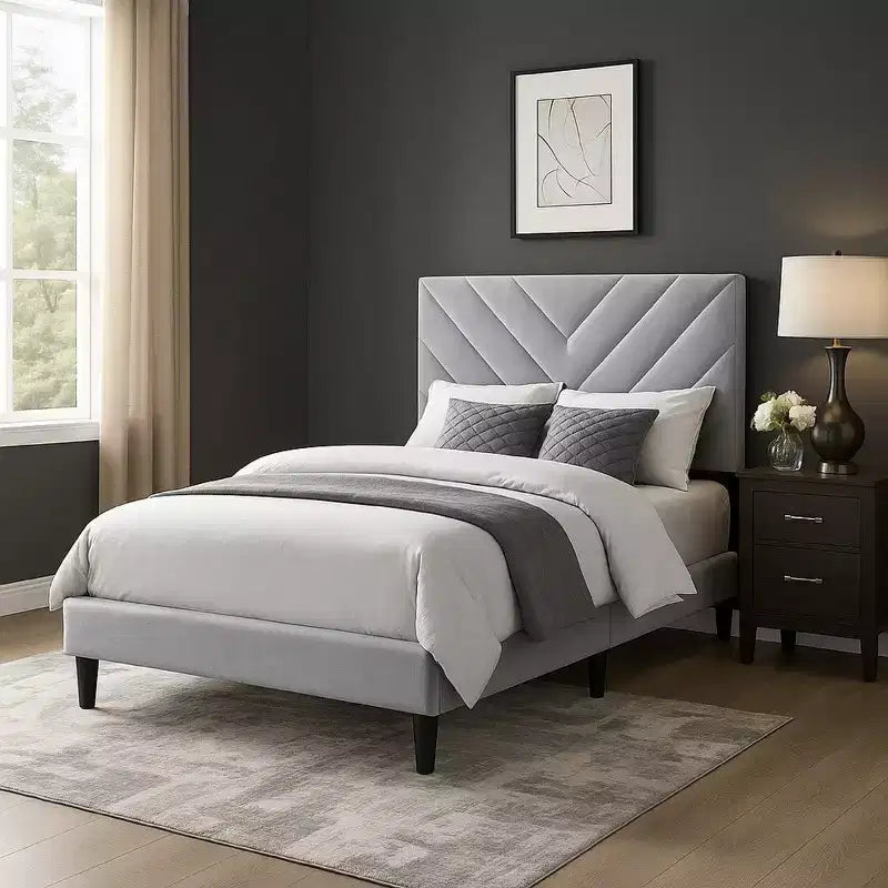 Royal Hampton Full Size Bed Tufted Gray Velvet Upholstery Chevron Stitch