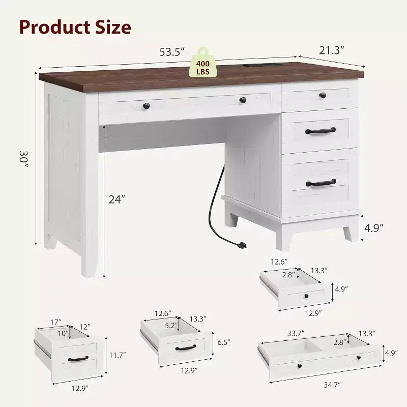Bureau de télétravail en bois avec 5 tiroirs de rangement