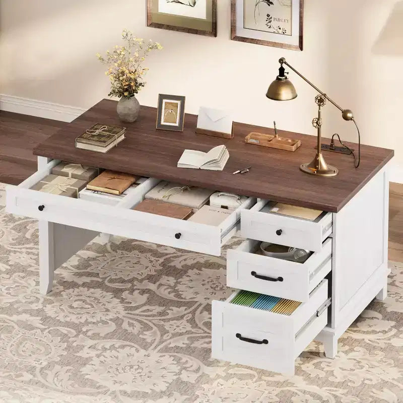 Bureau de télétravail en bois avec 5 tiroirs de rangement