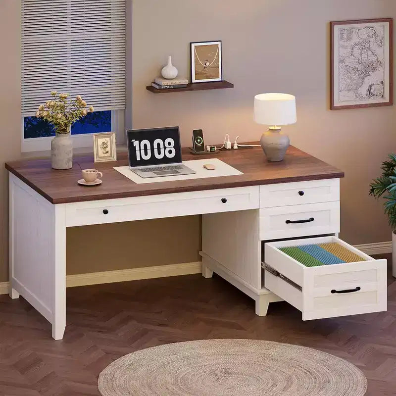 Bureau de télétravail en bois avec 5 tiroirs de rangement