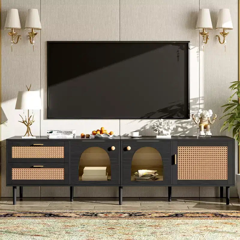 Rattan TV Stand with LED Light for 70 inch TV Wood TV Storage Cabinet Table with Drawers for Living Room Black
