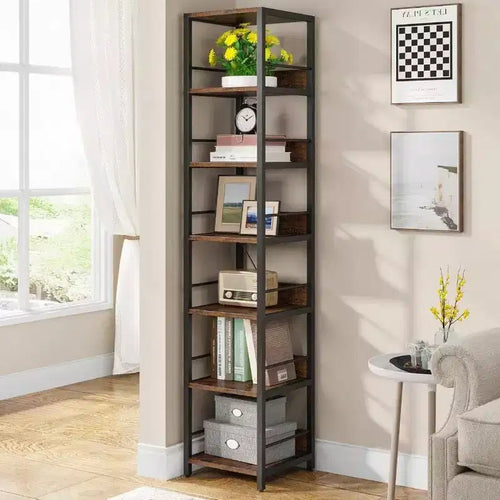 6 - Tier Corner Shelf 75 Inch Tall Narrow Bookshelf Storage Rack Etagere Shelves Display Stand for Living Room Bathroom
