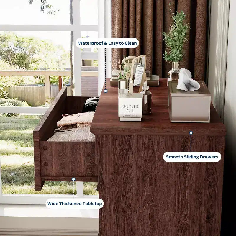 Coiffeuse de chambre à coucher de style rustique à quatre ou cinq tiroirs