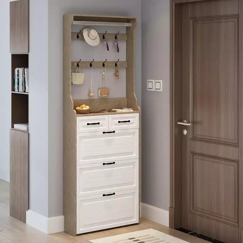 Meuble à chaussures trois portes, deux tiroirs ; porte-manteaux et porte-chaussures d'entrée