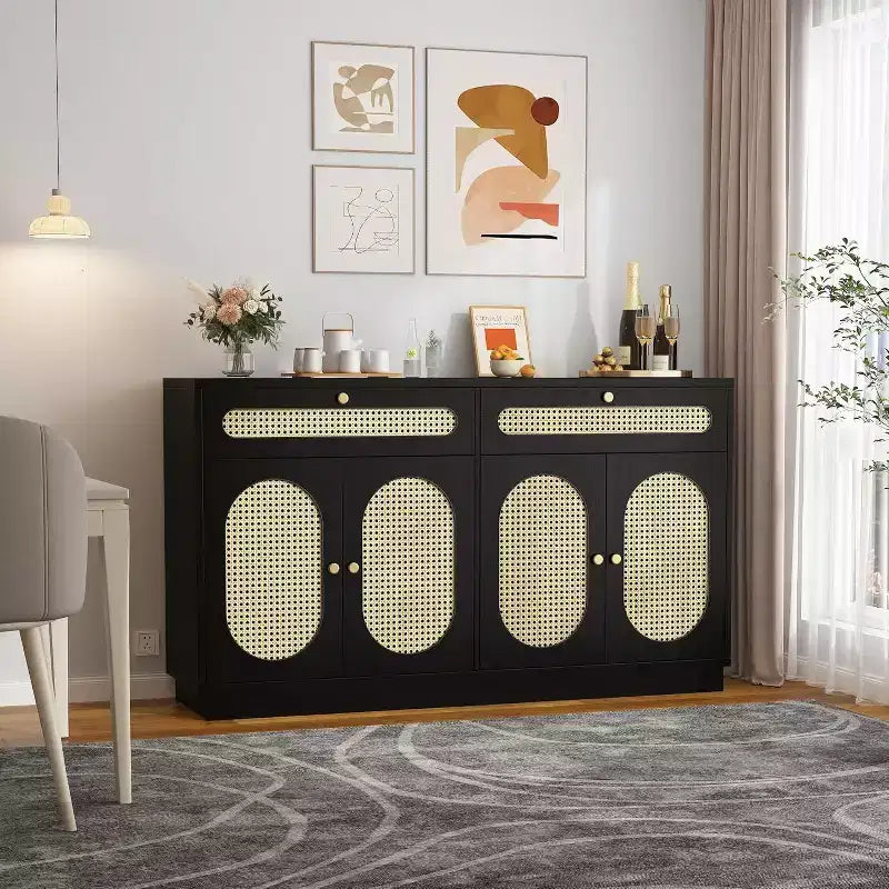 60'' Rattan Sideboard Sideboard Cabinet with 2 Drawers 4 Rattan Doors Buffet Cabinet with Adjustable Shelves for Dining Room Living Room EntryWay