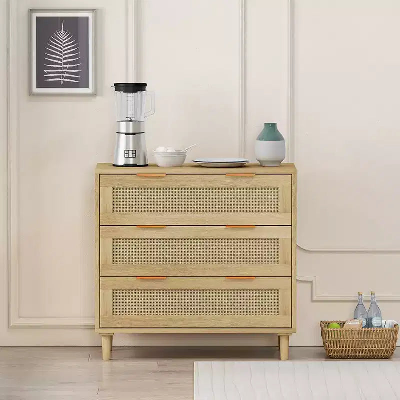 3 Drawer Dresser for Bedroom Wooden Rattan Dresser Chest of Drawers with Metal Handles Boho Farmhouse Closet Organizer Oak