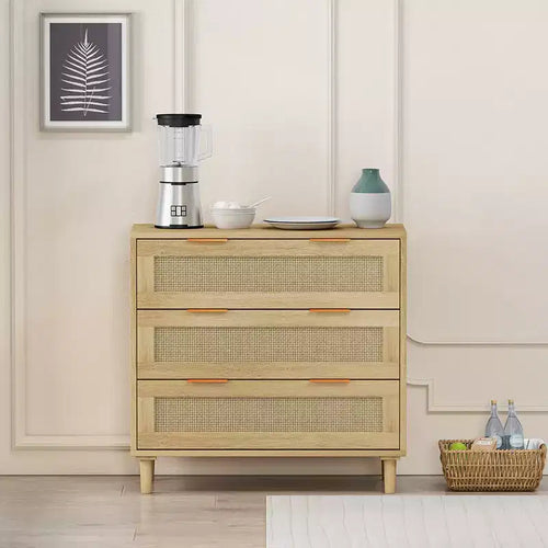 3 Drawer Dresser for Bedroom Wooden Rattan Dresser Chest of Drawers with Metal Handles Boho Farmhouse Closet Organizer Oak