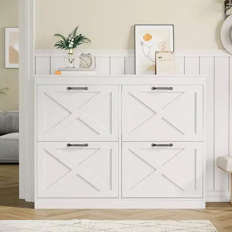 GustoWave 4 Turn Drawers Rattan Entryway Shoe Storage Cabinet Freestanding Organizer White