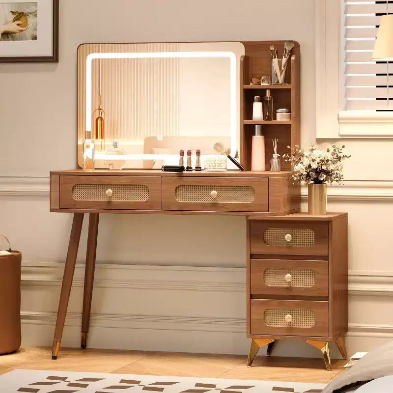 Okak 47IN Makeup Vanity with 3 Mode Adjustable Mirror Vanity Desk with Rattan Drawer Design Vanity Table for Bedroom Living Room