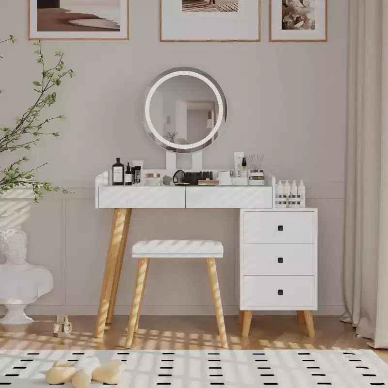 Okak Modern Vanity Desk with LED Mirror Makeup Vanity with Extendable Design and 1 Stool Girls Vanity for Bedroom Living Room White