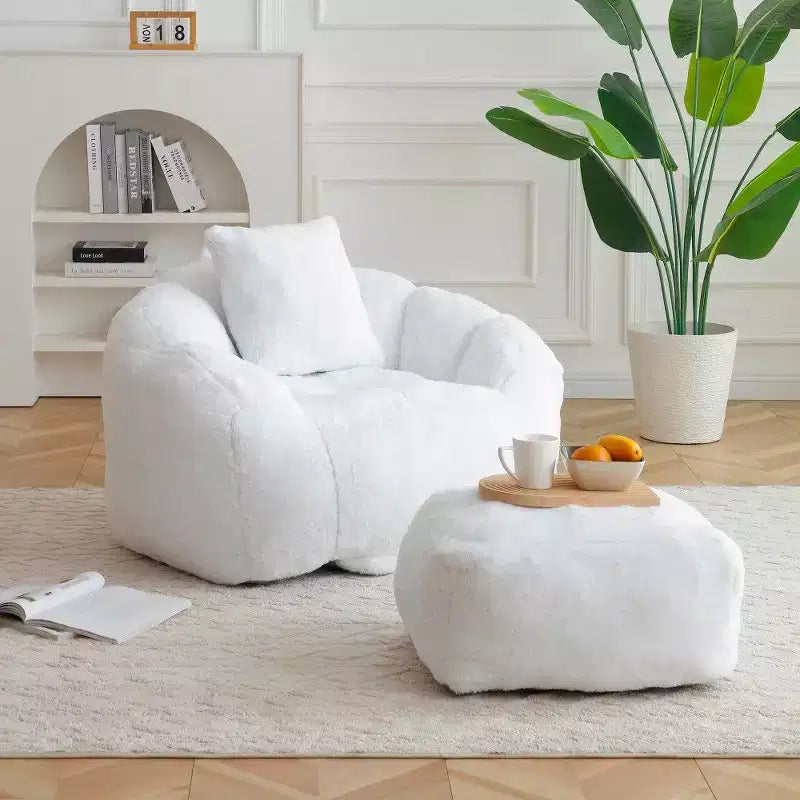 TUYOHW Shell Shaped Bean Bag Chair with Ottoman Faux Fur Lounger & Footstool Set Oversized Floor Sofa for Adults