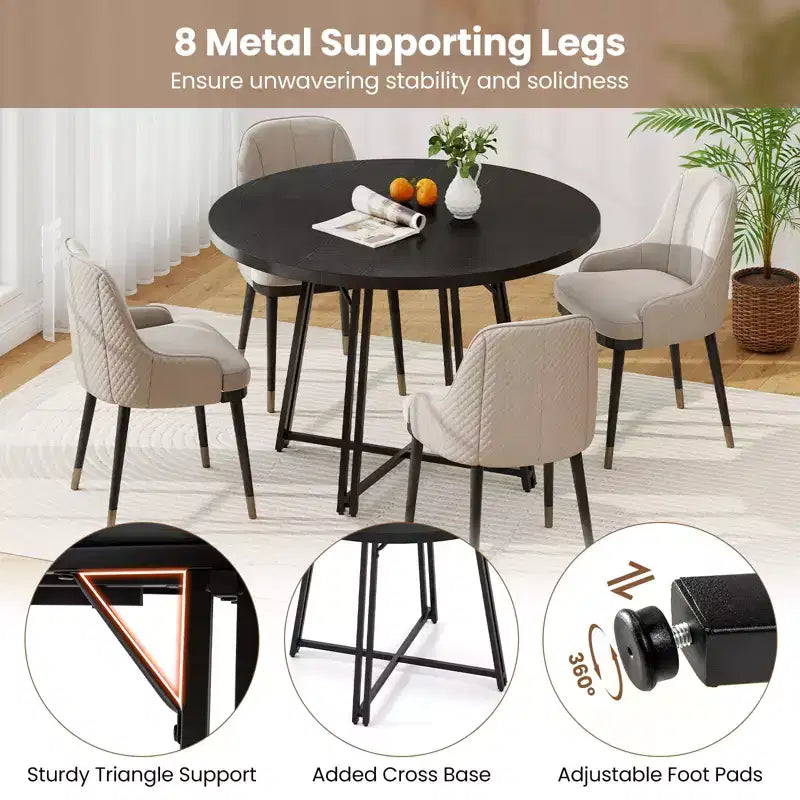 Table à manger avec 8 pieds de support en métal et une base en forme de croix.