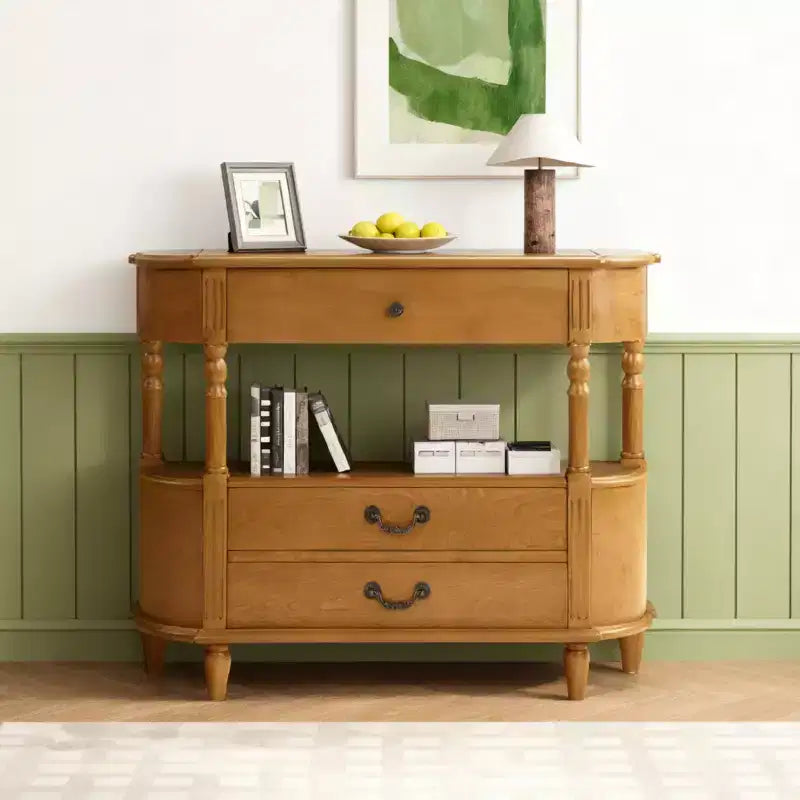 Luxystar 43'' Retro Curved Console Table with 3 Drawers and Storage Shelf for Living Room and Hallway Brown