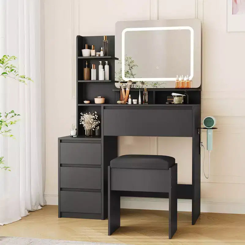 Vanity Desk with Mirror and LED Power Outlet 3 Color Adjustable Light 4 Drawers Storage Shelves & Stool for Bedroom