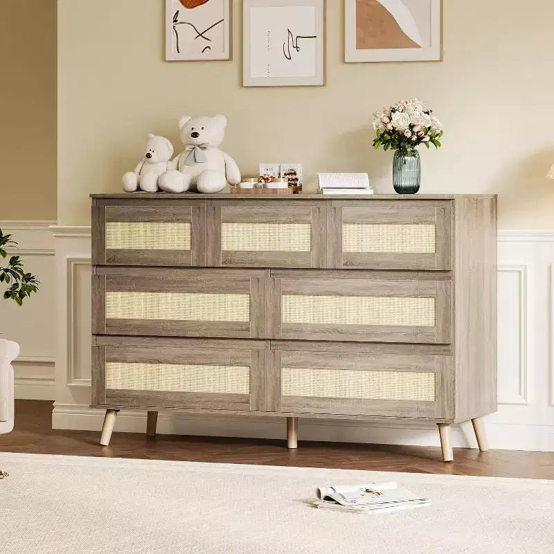 47.2 Inch Wide Rattan 7-Drawer Dresser Natural Finish with Wood Tone Legs Multi-Use Storage Organizer for Living Room Closet Nursery