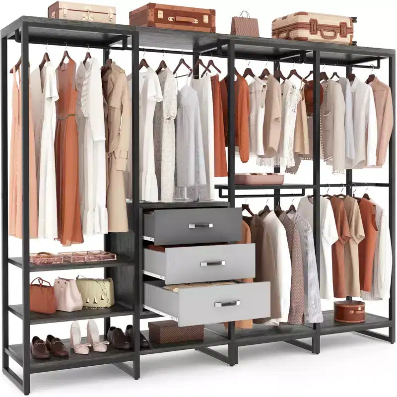 Besiost 74-In Closet Organizer System with Wood Drawers Freestanding Corner Garment Rack with Hanging Rods